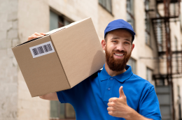 Last mile delivery illustration with a courier van in an urban setting, symbolizing the final stage of the logistics chain reaching the customer.